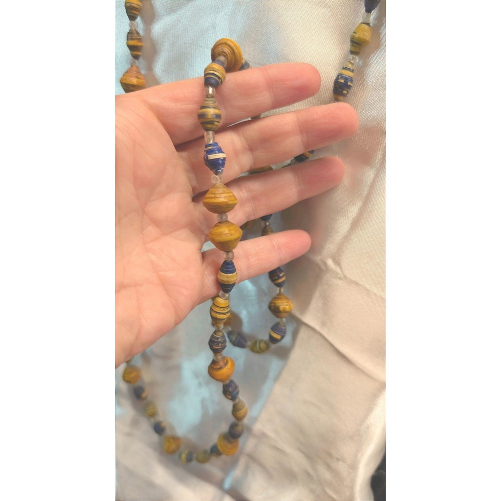 45" Long Vintage Paper Bead Beaded Necklace 45" Beige Blue Boho Green Red Brown